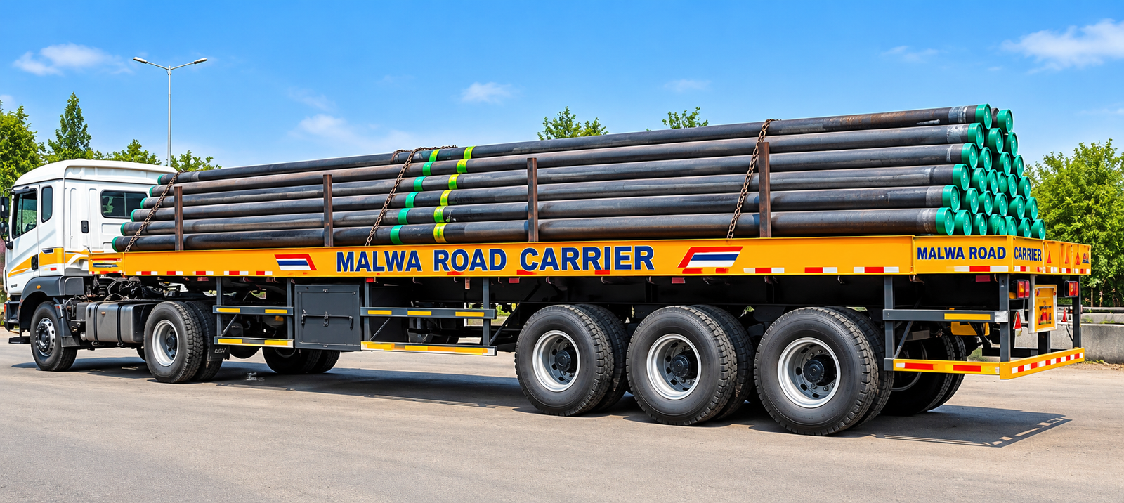 Malwa Road Carrier trailer loaded with steel pipes